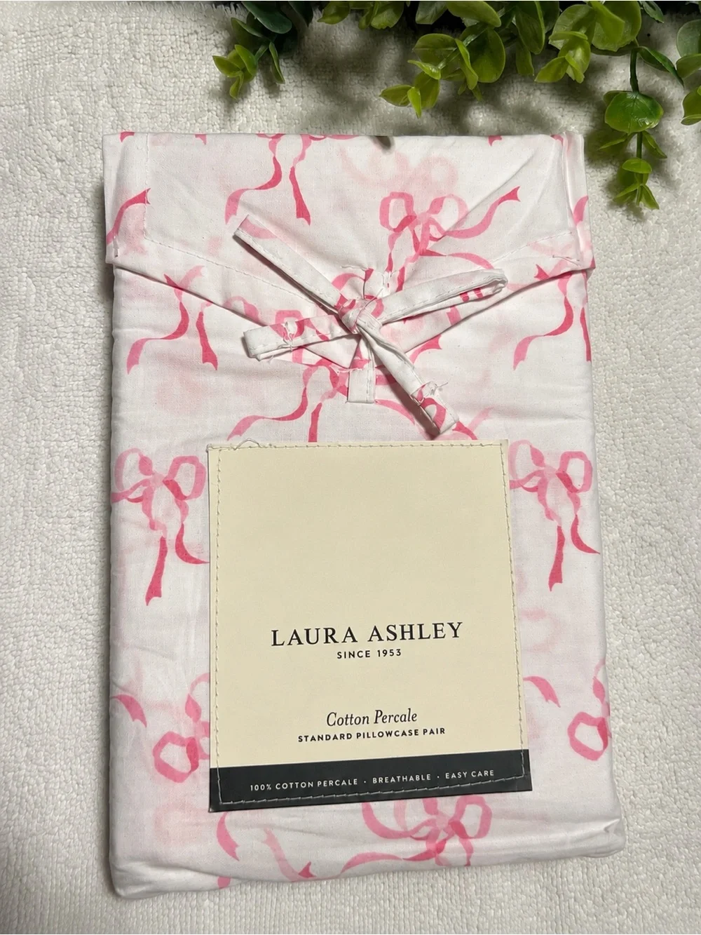 Laura Ashley Pillowcase Pair Trailing Bows Pink NWT Cotton Percale